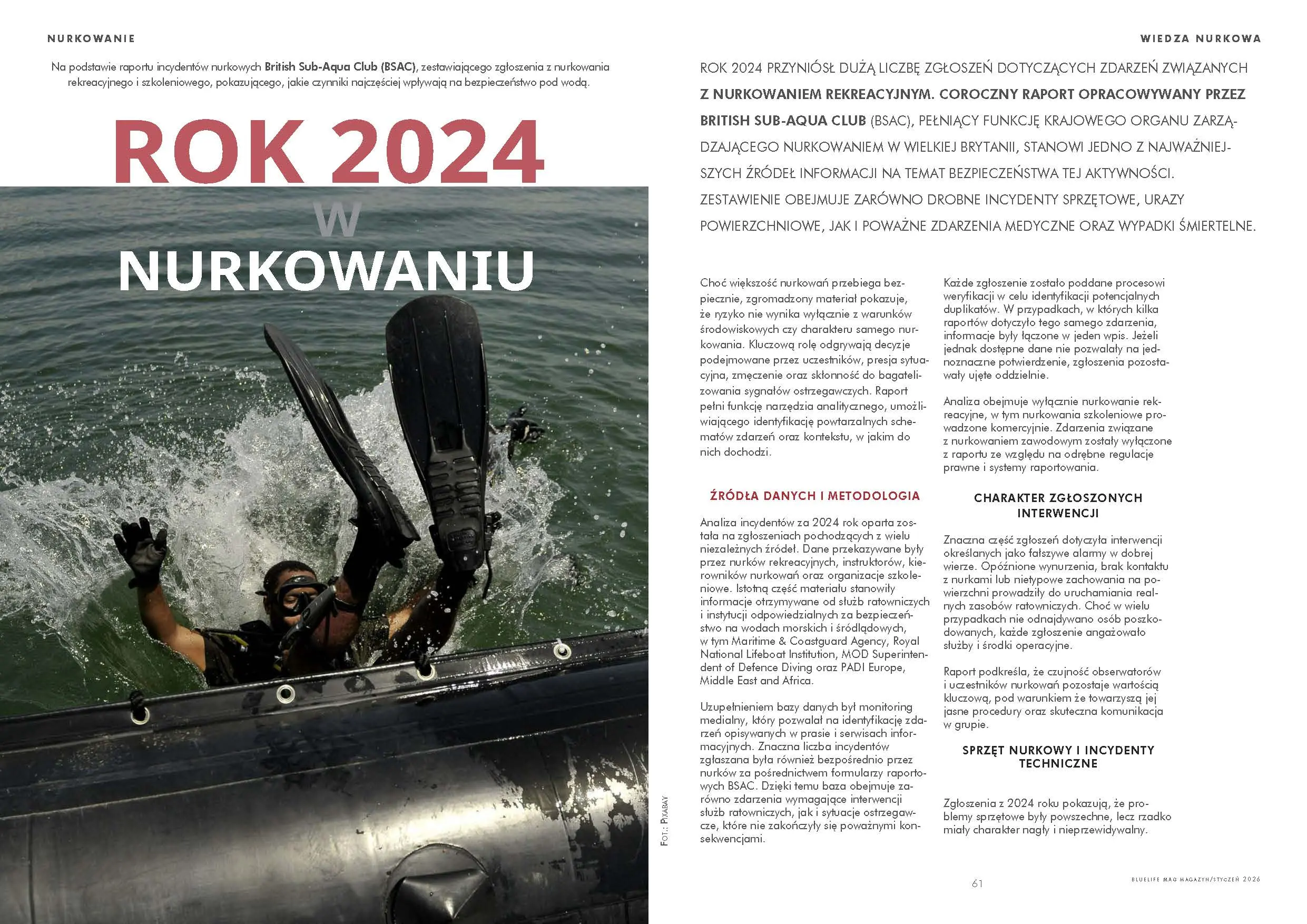  Na podstawie raportu incydentów nurkowych British Sub-Aqua Club (BSAC), zestawiającego zgłoszenia z nurkowania rekreacyjnego i szkoleniowego, pokazującego, jakie czynniki najczęściej wpływają na bezpieczeństwo pod wodą.