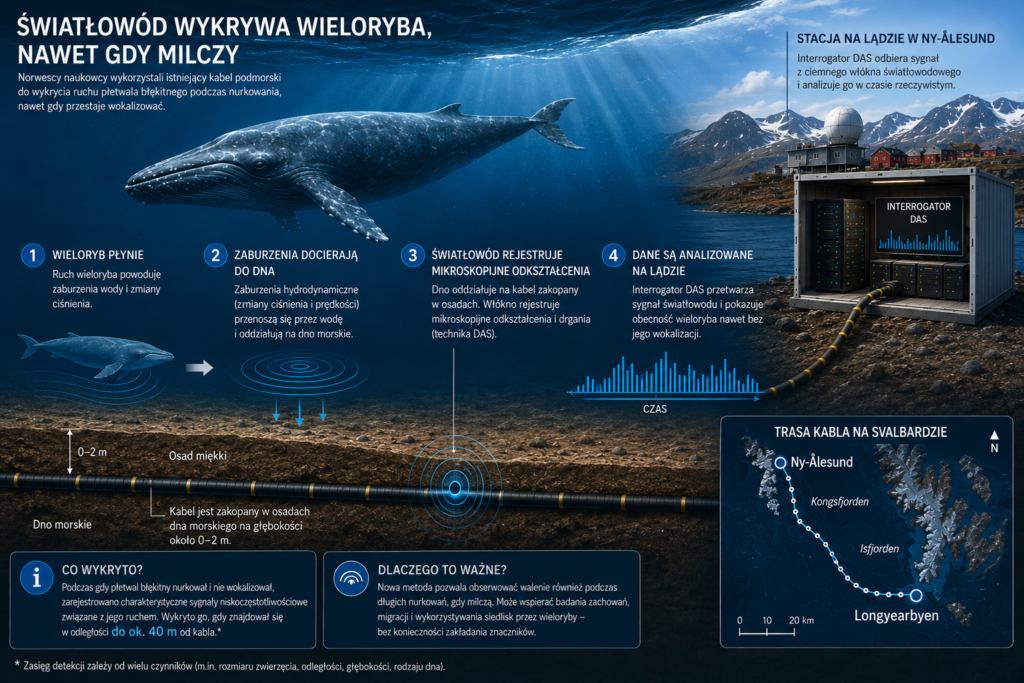 Lokalizacja światłowodów wykorzystanych w badaniu na Svalbardzie. Mapa pokazuje przebieg dwóch równoległych kabli podmorskich między Longyearbyen i Ny-Ålesund, biegnących przez fiordy Isfjorden i Kongsfjorden. Czerwone oznaczenia wskazują odległość wzdłuż trasy kabla, natomiast panel B przedstawia profil głębokości wody wzdłuż obu włókien. W badaniu wykorzystano istniejącą infrastrukturę światłowodową do rejestracji zmian związanych z aktywnością w środowisku morskim.