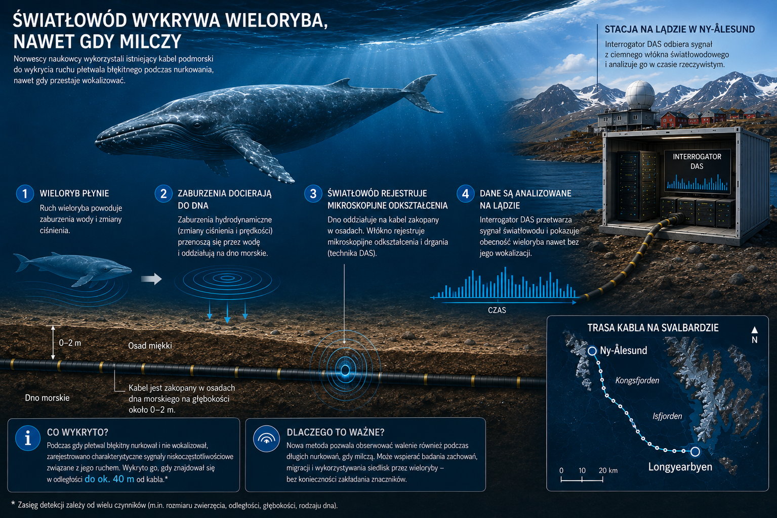 Lokalizacja światłowodów wykorzystanych w badaniu na Svalbardzie. Mapa pokazuje przebieg dwóch równoległych kabli podmorskich między Longyearbyen i Ny-Ålesund, biegnących przez fiordy Isfjorden i Kongsfjorden. Czerwone oznaczenia wskazują odległość wzdłuż trasy kabla, natomiast panel B przedstawia profil głębokości wody wzdłuż obu włókien. W badaniu wykorzystano istniejącą infrastrukturę światłowodową do rejestracji zmian związanych z aktywnością w środowisku morskim.